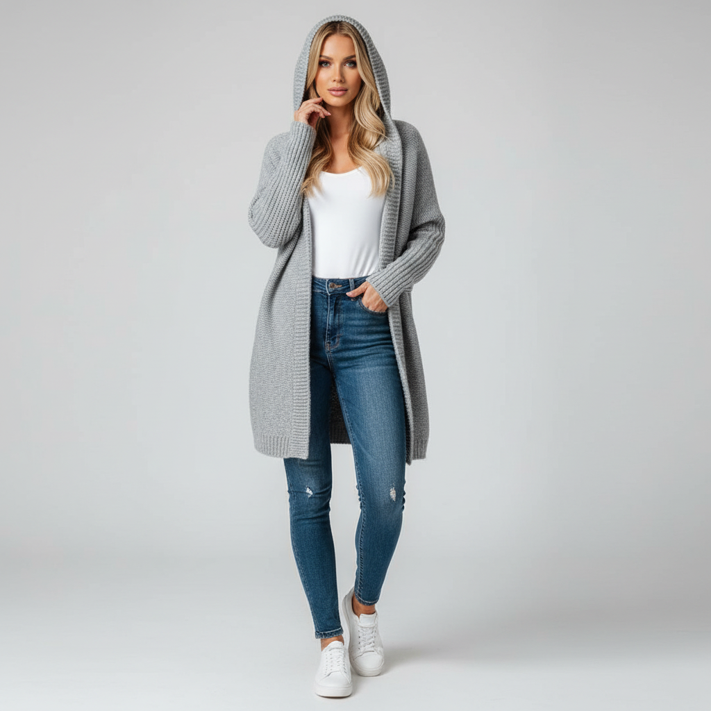 Hanorac cardigan Angelie oversize pentru femei – Pulover tricotat moale cu glugă și mâneci tip aripă de liliac