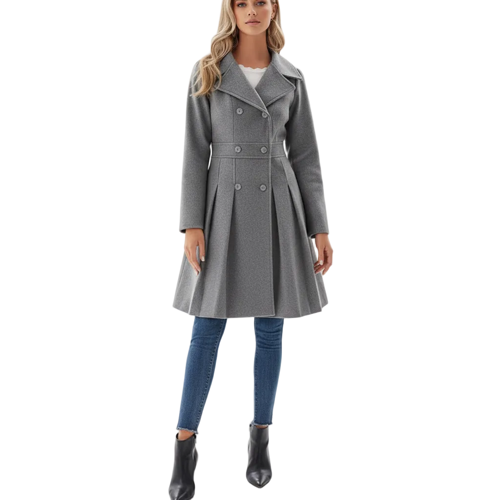 Livy Women's Fitted Trench – Elegant Double-Breasted Coat with Belt and Pleated Skirt