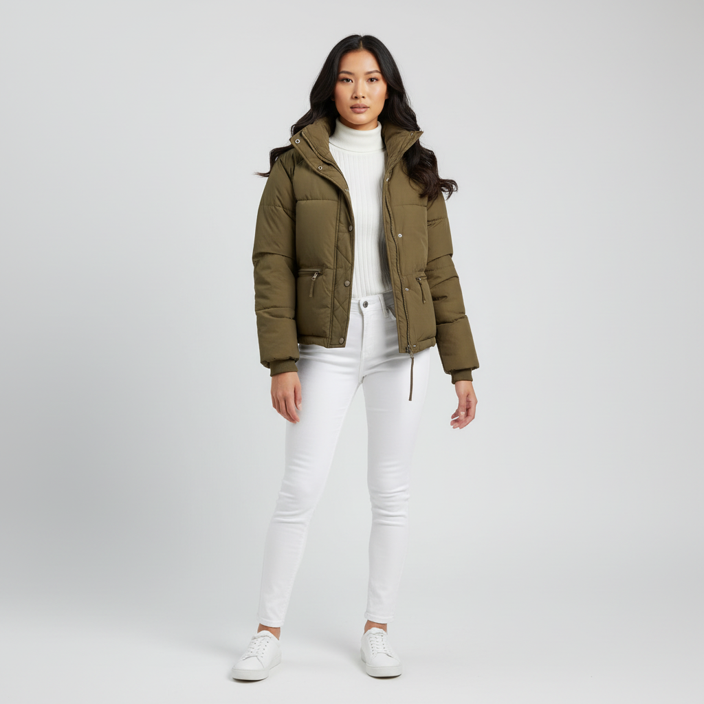 Nadine Chaqueta Acolchada Mujer Beige – Abrigo Puffer Oversize con Cuello Alto y Bolsillos con Cremallera