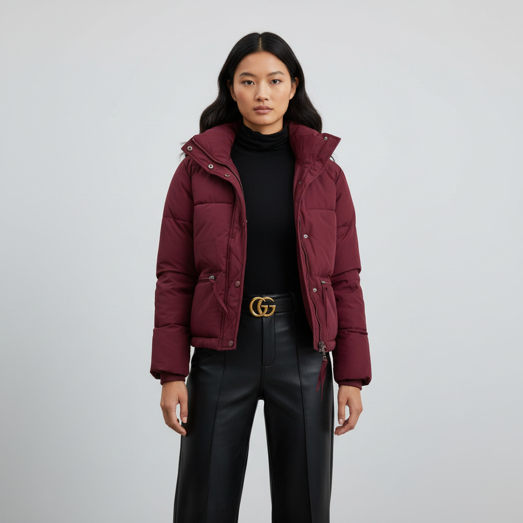 Nadine Chaqueta Acolchada Mujer Beige – Abrigo Puffer Oversize con Cuello Alto y Bolsillos con Cremallera