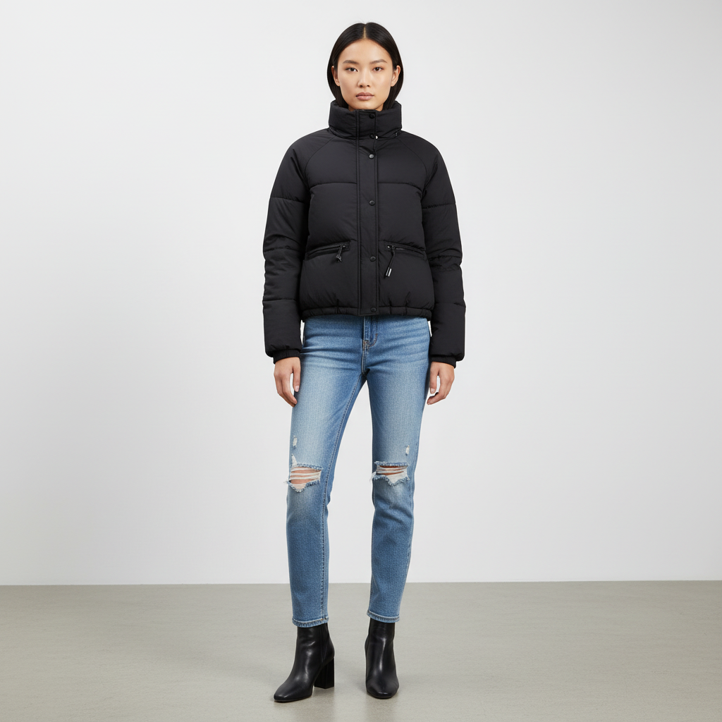 Nadine Chaqueta Acolchada Mujer Beige – Abrigo Puffer Oversize con Cuello Alto y Bolsillos con Cremallera