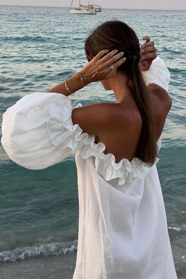 Valentina Robe Maxi Femme – Robe Boho Épaules Dénudées en Coton avec Volants & Encolure Bardot