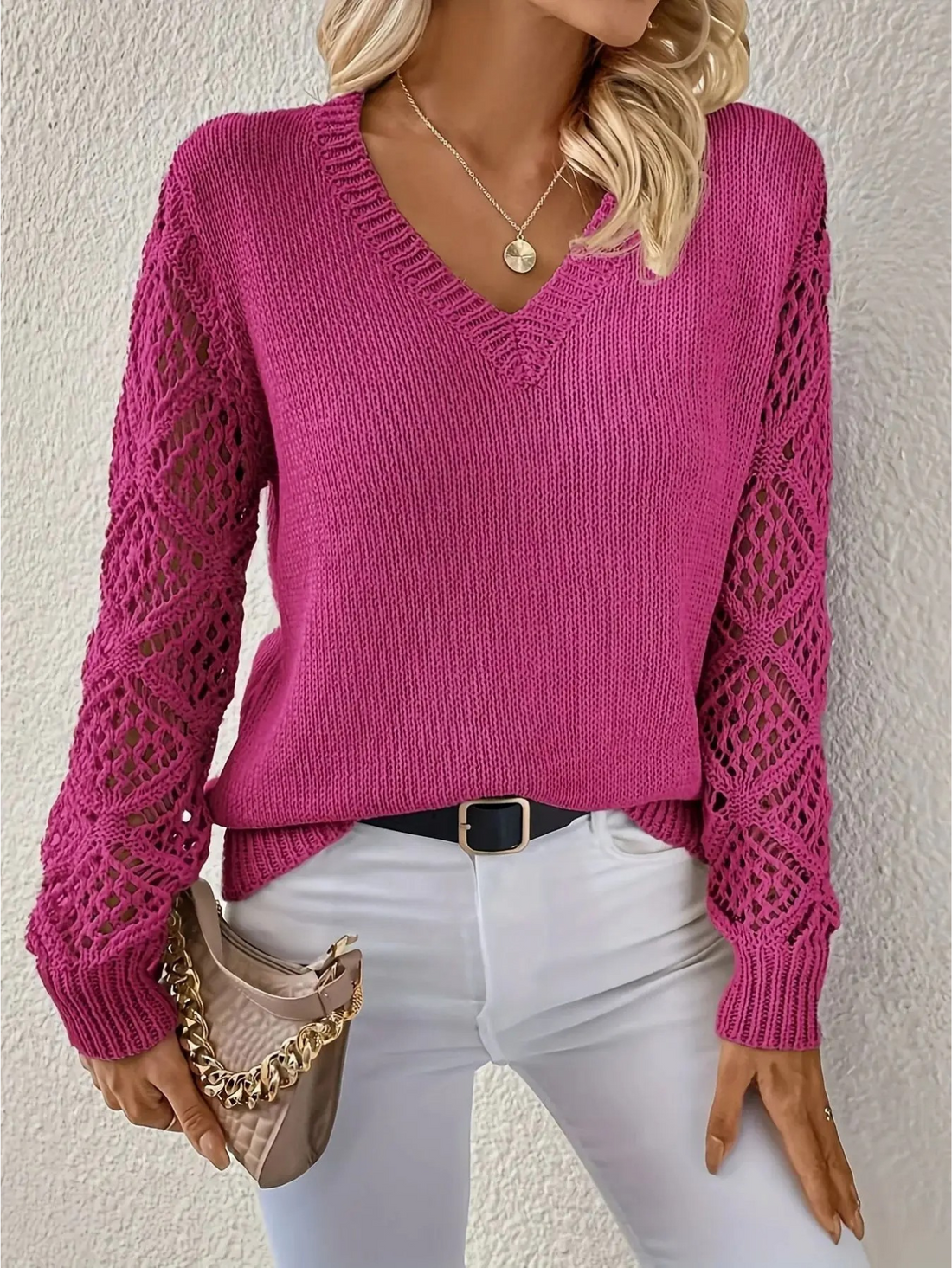 Danny Pull Femme – Léger, Manches Crochetées et Col en V pour un Look Élégant