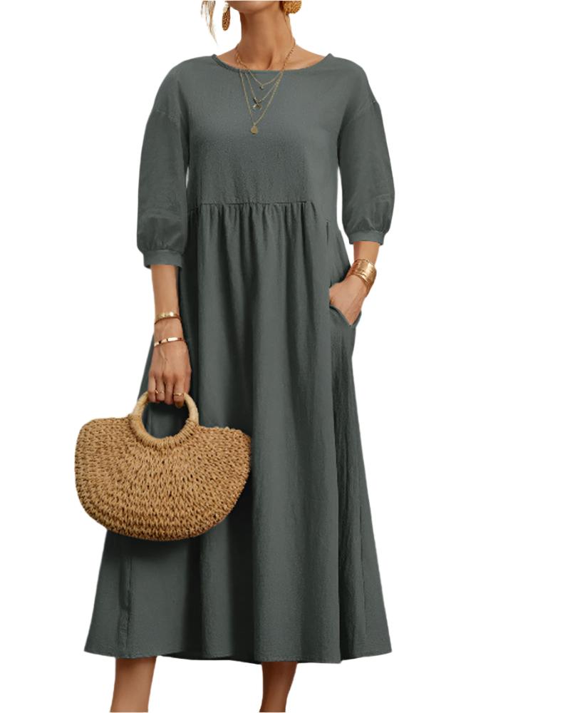 Flore Robe Midi Femme – Coton Lin Respirant, Col Rond, Manches Lanternes, Confort Estival