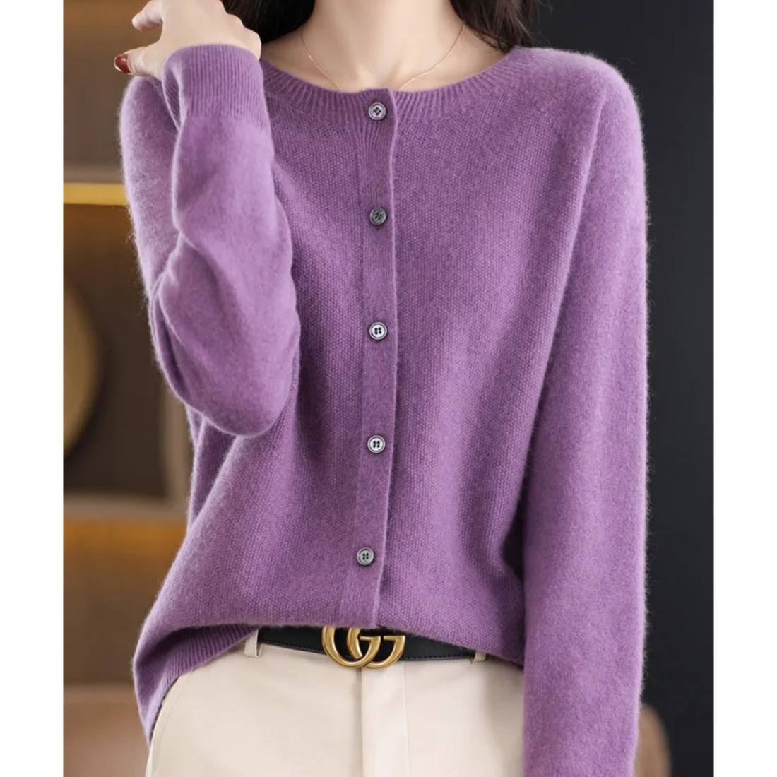 Mercy Cardigan Femme – Gilet Élégant en Laine Mérinos & Cachemire Doux à Col Rond