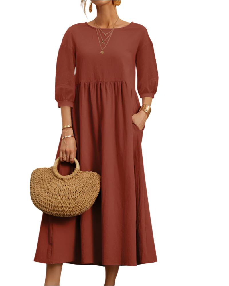 Flore Robe Midi Femme – Coton Lin Respirant, Col Rond, Manches Lanternes, Confort Estival