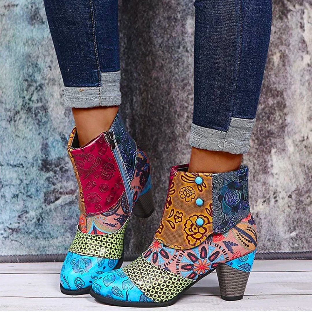Botas de lluvia para mujeres Lauren - botas retro impermeables con tacón alto y patrón étnico para otoño