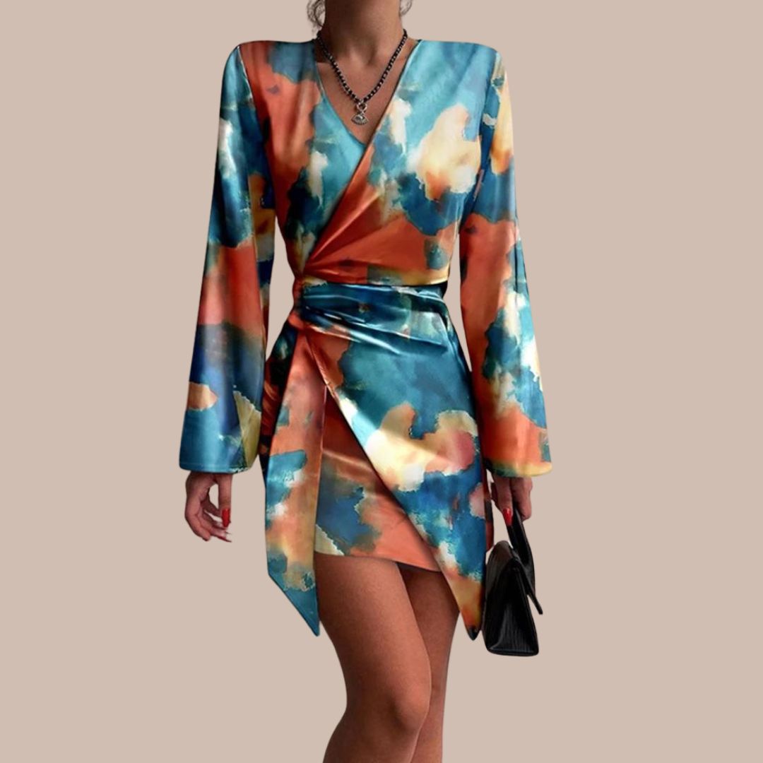 Jena Robe Portefeuille Femme – Imprimé Texte, Décolleté en V, Manches Longues Élégantes