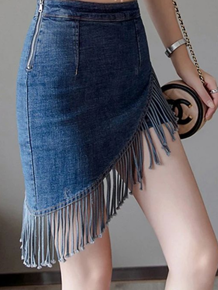 Taylor Jupe-Short Femme – Jupe en Jean avec Franges Ludiques, Short Intégré & Taille Haute Flatteuse