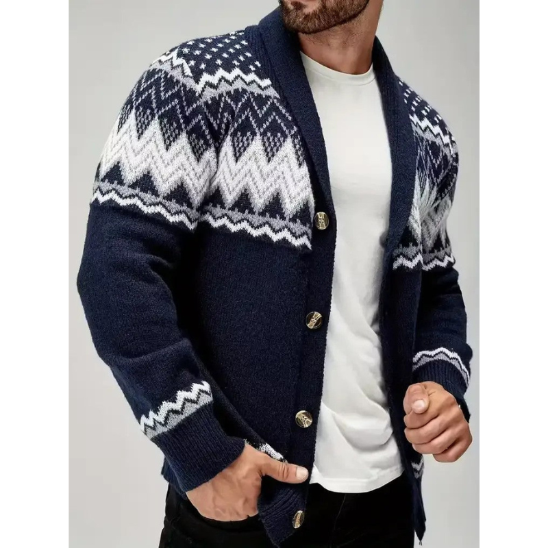 Zion Cardigan Homme à Col Châle – Maille Géométrique avec Finitions Contrastées