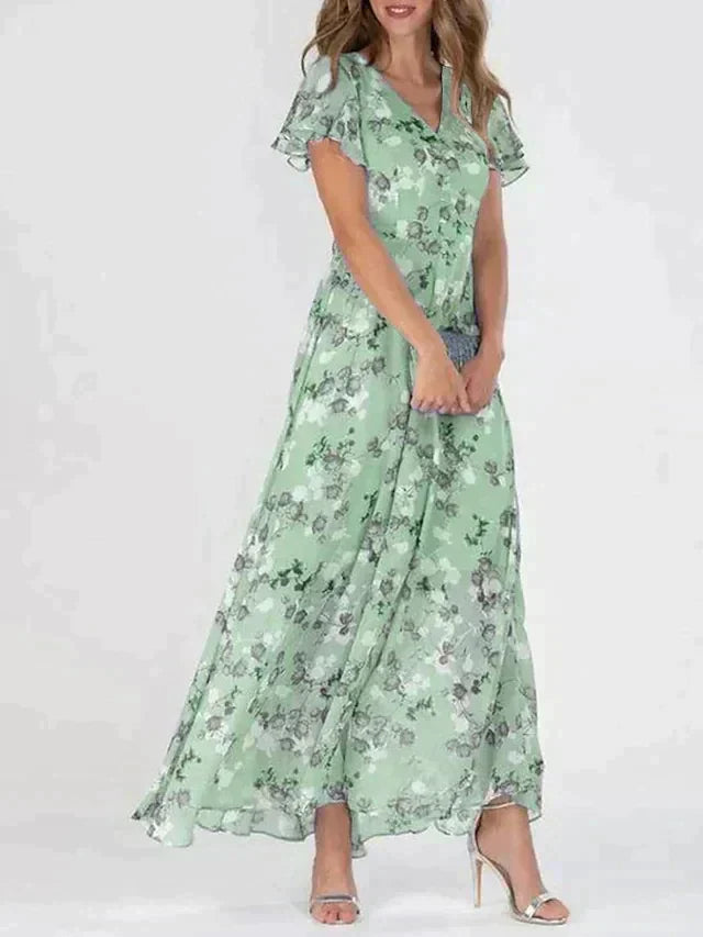 Irene Robe Maxi Femme – Col V Flatteur, Imprimé Floral Léger & Coupe Confortable