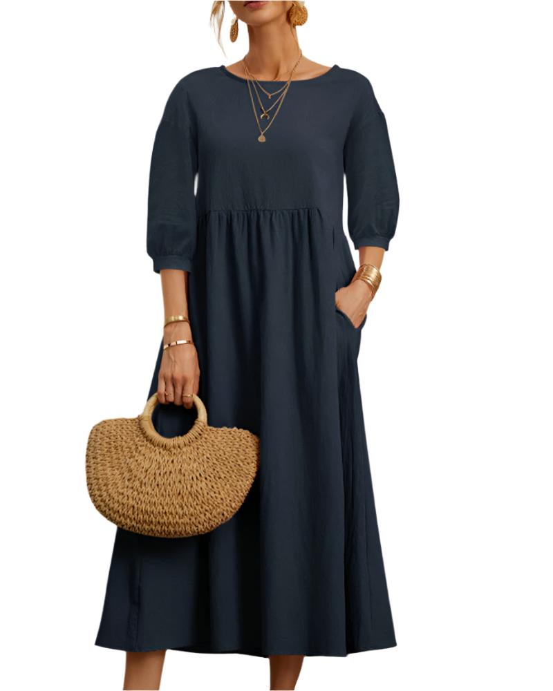 Flore Robe Midi Femme – Coton Lin Respirant, Col Rond, Manches Lanternes, Confort Estival