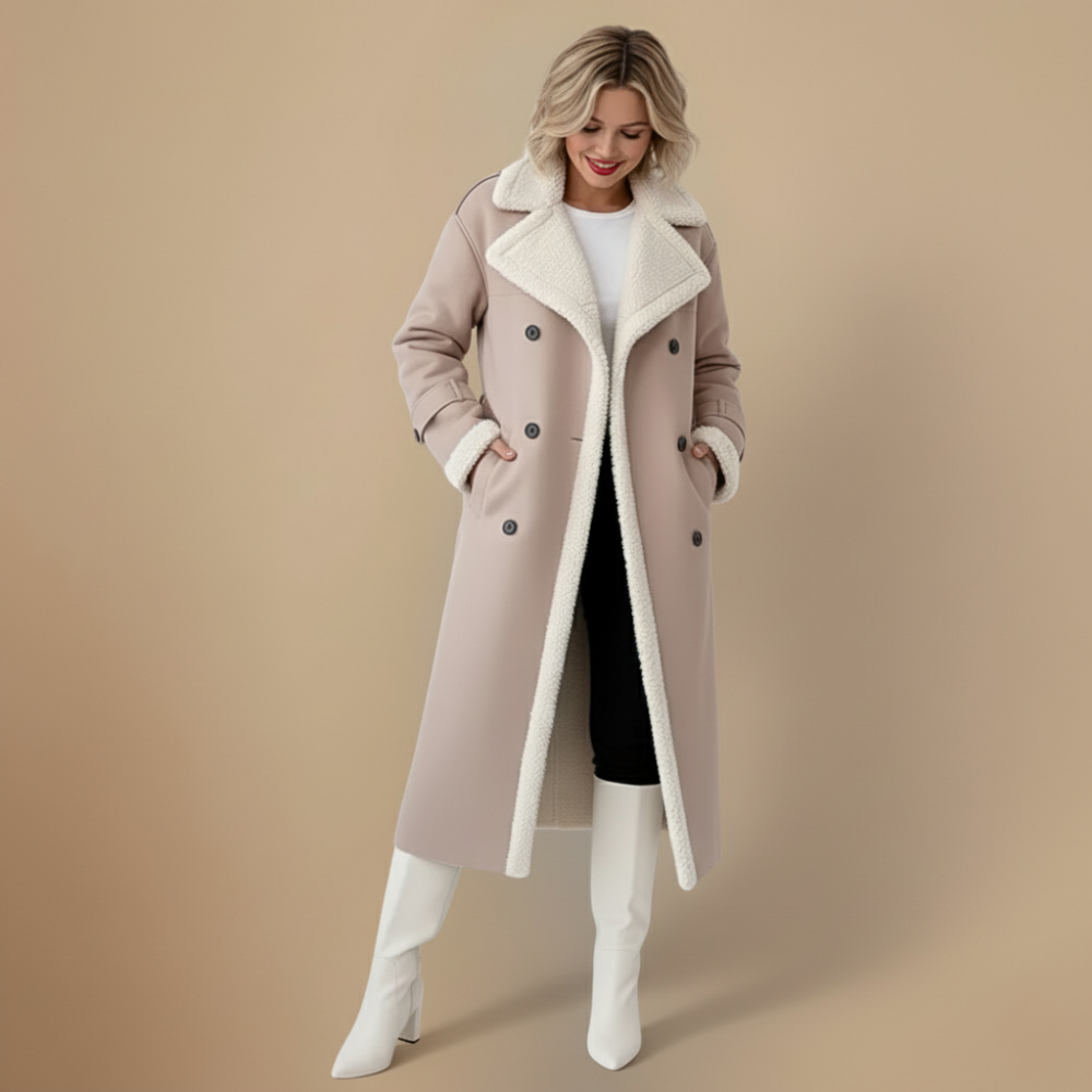 Rinna Dámský Dlouhý Kabát – Dvoubreasted Semišový Kabát s Podšitým Límcem a Elegantním Stylu