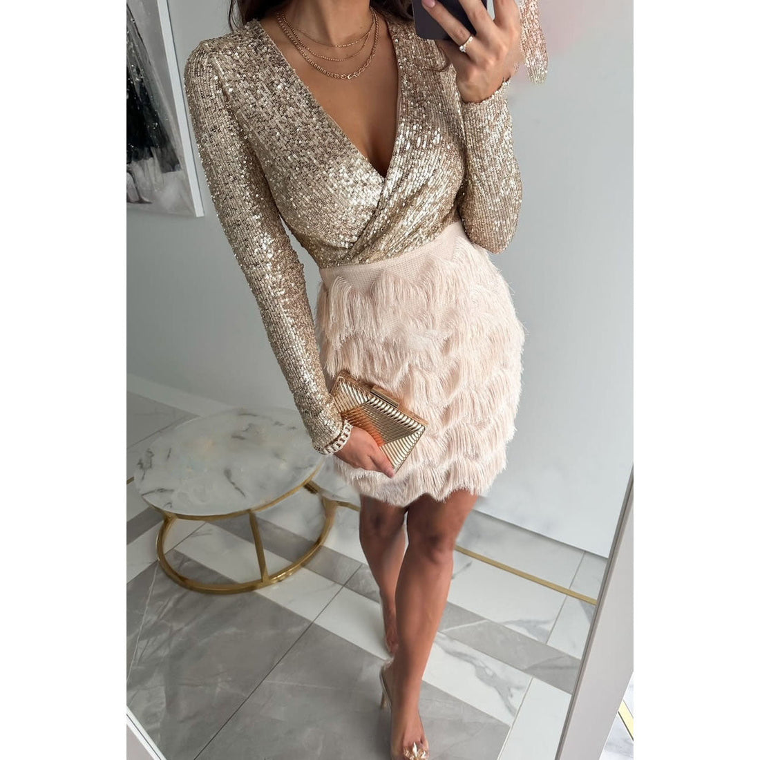 Edna Robe de Soirée à Sequins – Élégante avec Franges & Tissu Stretch Confortable