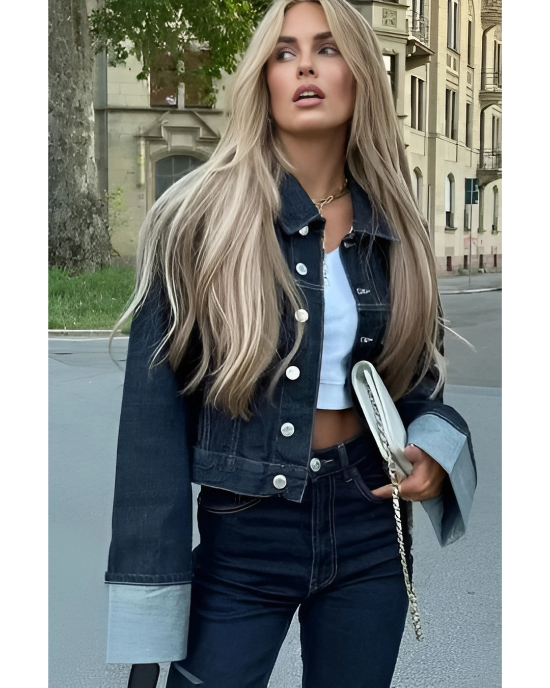 Bea Ensemble Denim Femme – Veste Courte & Jean Large à Revers Contrastés pour un Look Tendance
