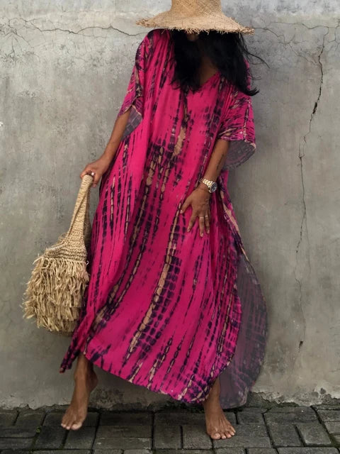 Camille Robe Kaftan Femme - Longueur Totale, Coupe Ample, Col en V - Style Bohémien Tie-Dye pour l'Été