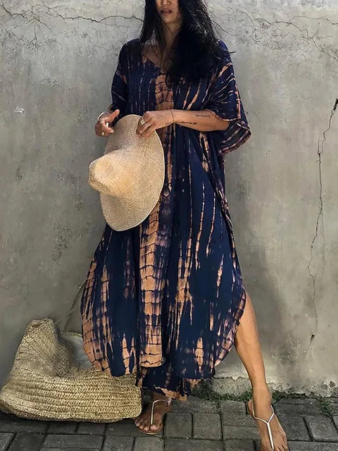 Camille Robe Kaftan Femme - Longueur Totale, Coupe Ample, Col en V - Style Bohémien Tie-Dye pour l'Été