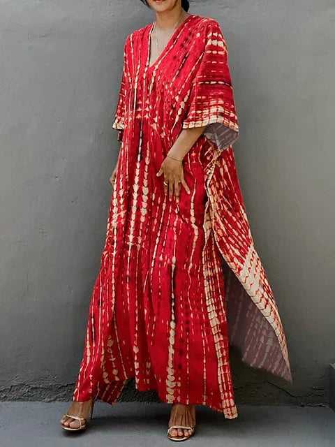 Camille Robe Kaftan Femme - Longueur Totale, Coupe Ample, Col en V - Style Bohémien Tie-Dye pour l'Été