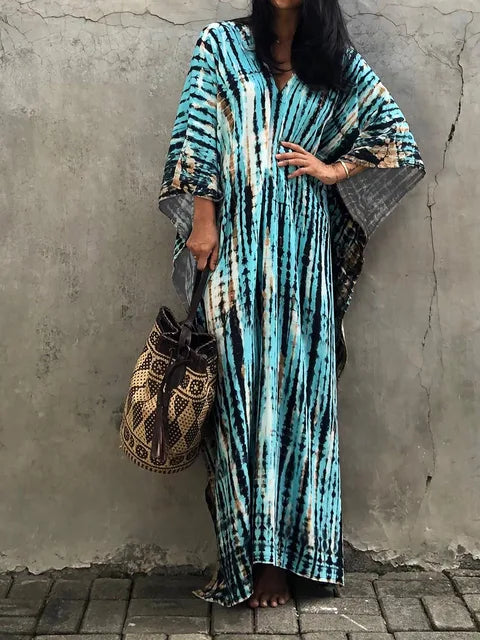 Camille Robe Kaftan Femme - Longueur Totale, Coupe Ample, Col en V - Style Bohémien Tie-Dye pour l'Été
