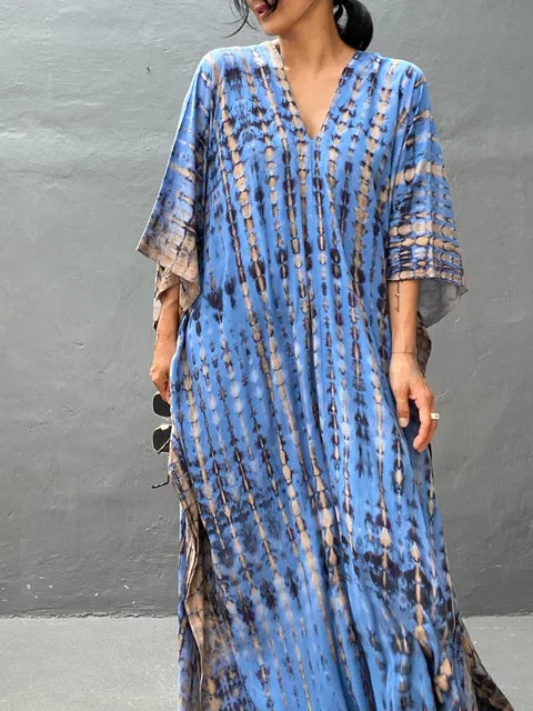 Camille Robe Kaftan Femme - Longueur Totale, Coupe Ample, Col en V - Style Bohémien Tie-Dye pour l'Été