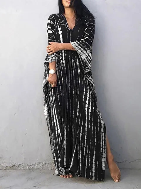 Camille Robe Kaftan Femme - Longueur Totale, Coupe Ample, Col en V - Style Bohémien Tie-Dye pour l'Été