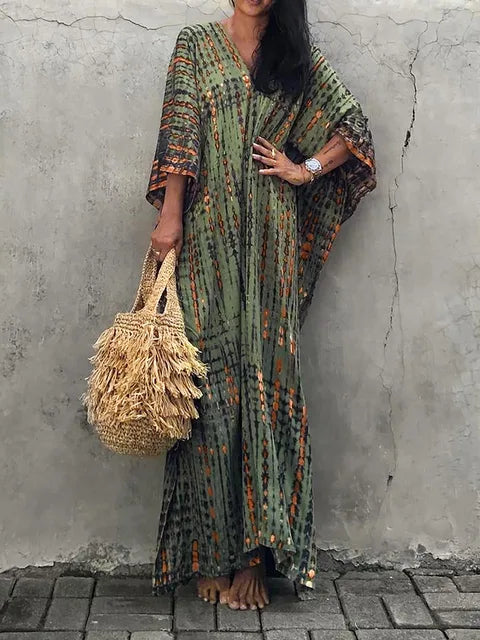 Camille Robe Kaftan Femme - Longueur Totale, Coupe Ample, Col en V - Style Bohémien Tie-Dye pour l'Été
