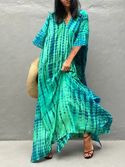 Camille Robe Kaftan Femme - Longueur Totale, Coupe Ample, Col en V - Style Bohémien Tie-Dye pour l'Été