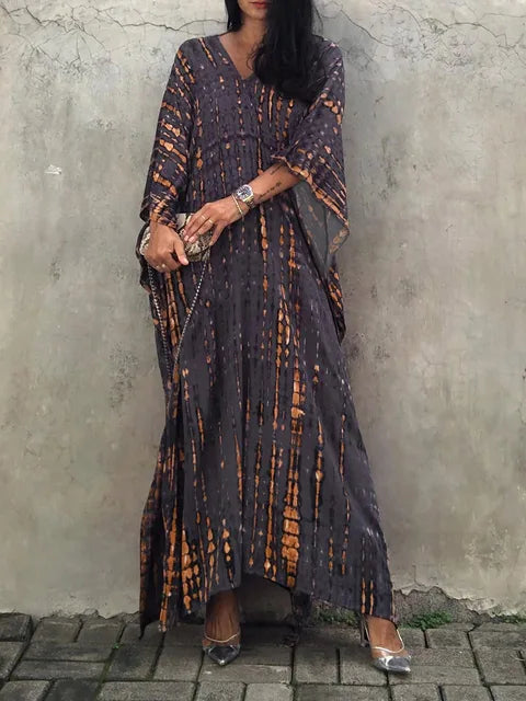 Camille Robe Kaftan Femme - Longueur Totale, Coupe Ample, Col en V - Style Bohémien Tie-Dye pour l'Été