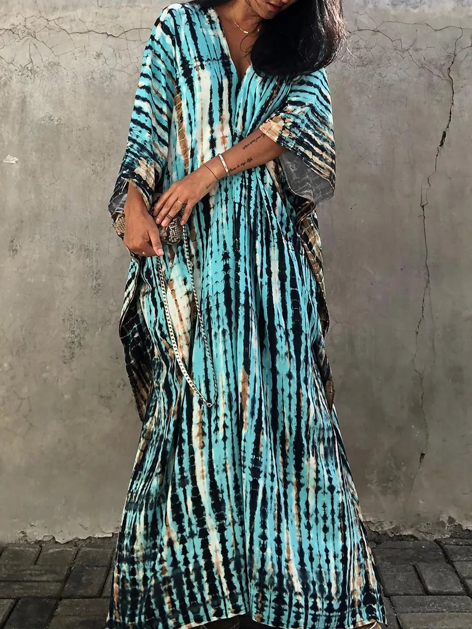 Camille Robe Kaftan Femme - Longueur Totale, Coupe Ample, Col en V - Style Bohémien Tie-Dye pour l'Été
