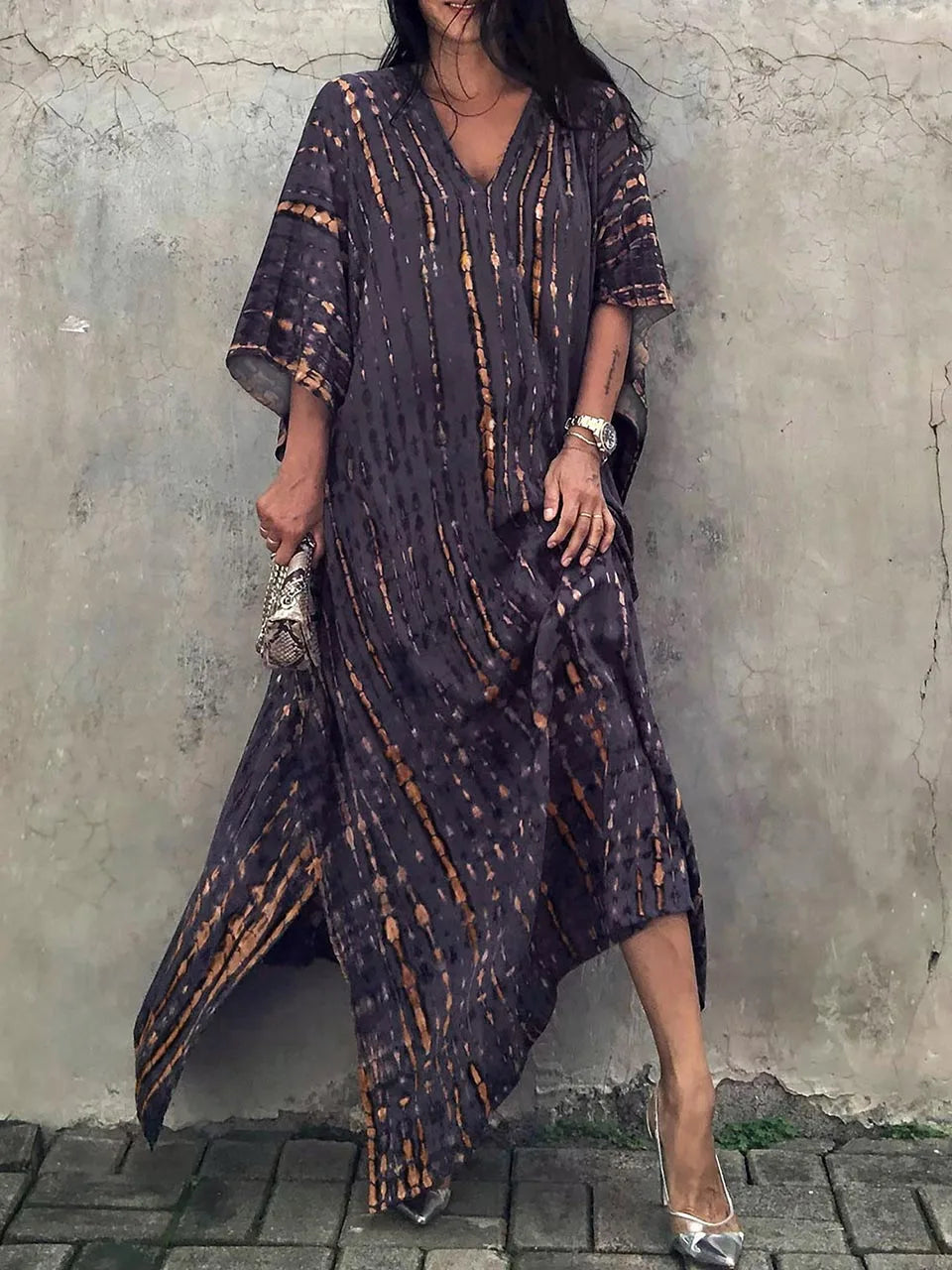 Camille Robe Kaftan Femme - Longueur Totale, Coupe Ample, Col en V - Style Bohémien Tie-Dye pour l'Été