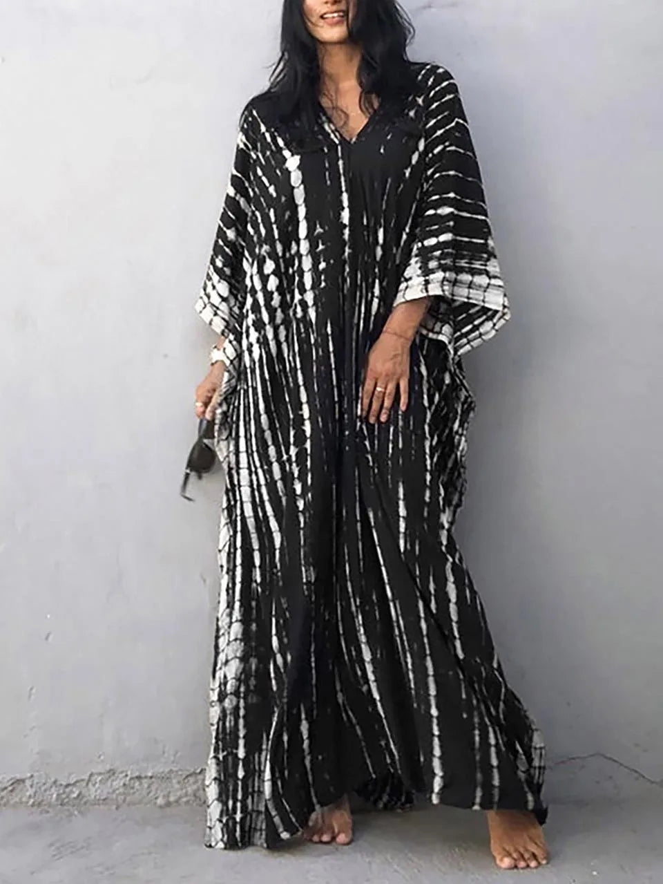 Camille Robe Kaftan Femme - Longueur Totale, Coupe Ample, Col en V - Style Bohémien Tie-Dye pour l'Été