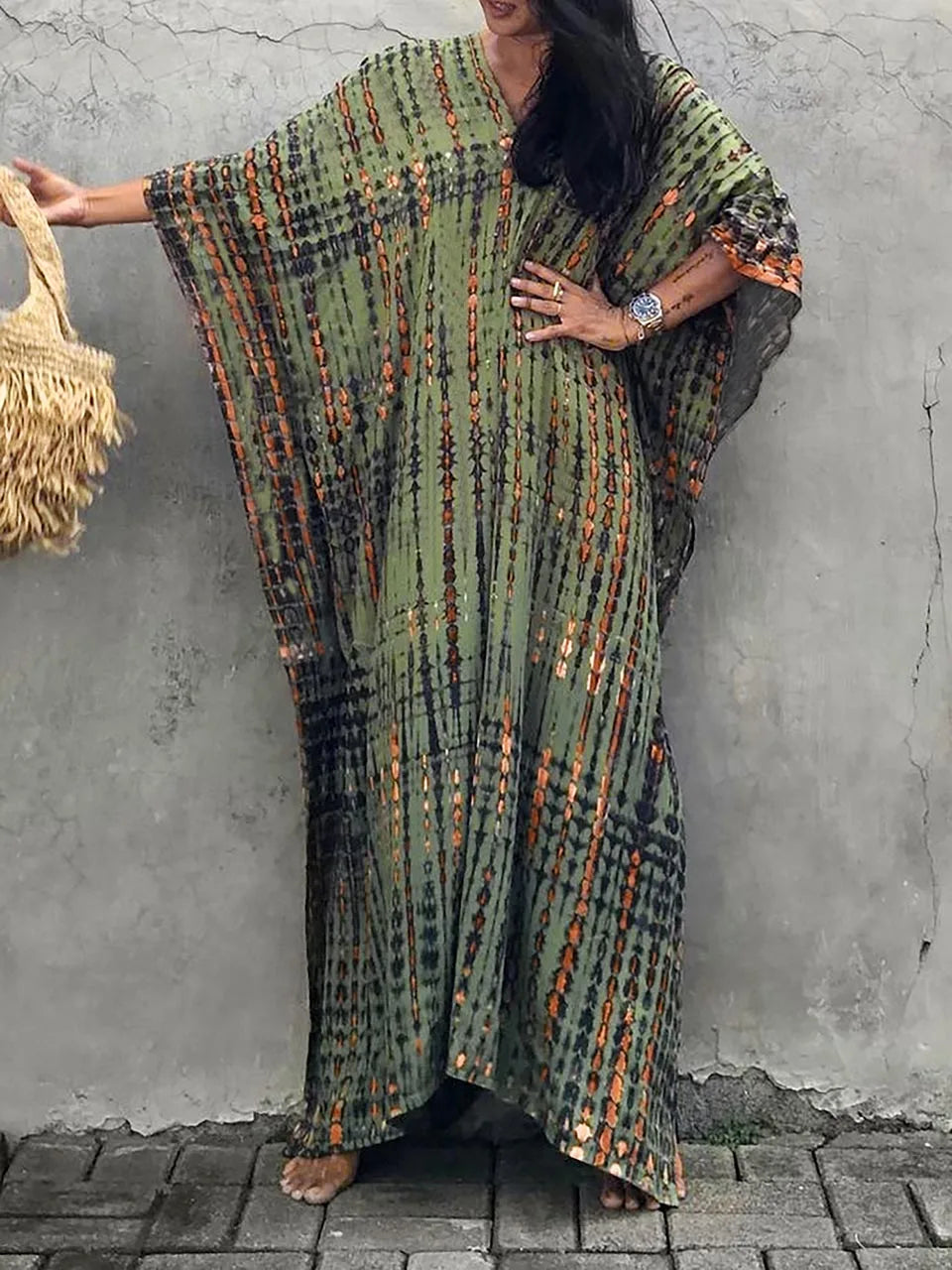 Camille Robe Kaftan Femme - Longueur Totale, Coupe Ample, Col en V - Style Bohémien Tie-Dye pour l'Été