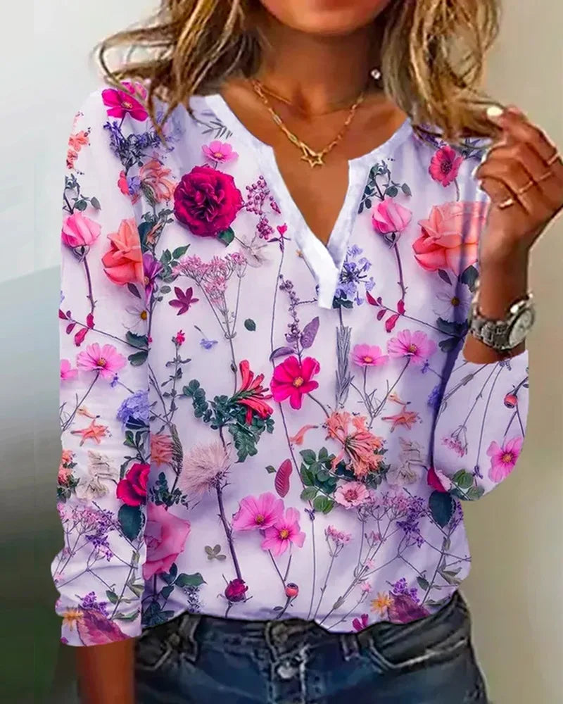 Clea Blouse Femme – Haut Boho Léger avec Décolleté en V, Manches Longues & Imprimé Fleuri