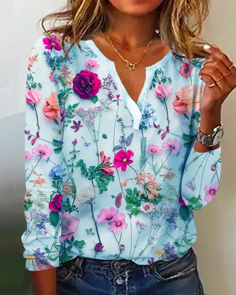 Clea Blouse Femme – Haut Boho Léger avec Décolleté en V, Manches Longues & Imprimé Fleuri