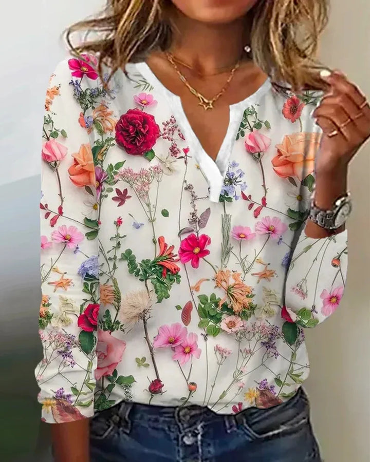 Clea Blouse Femme – Haut Boho Léger avec Décolleté en V, Manches Longues & Imprimé Fleuri