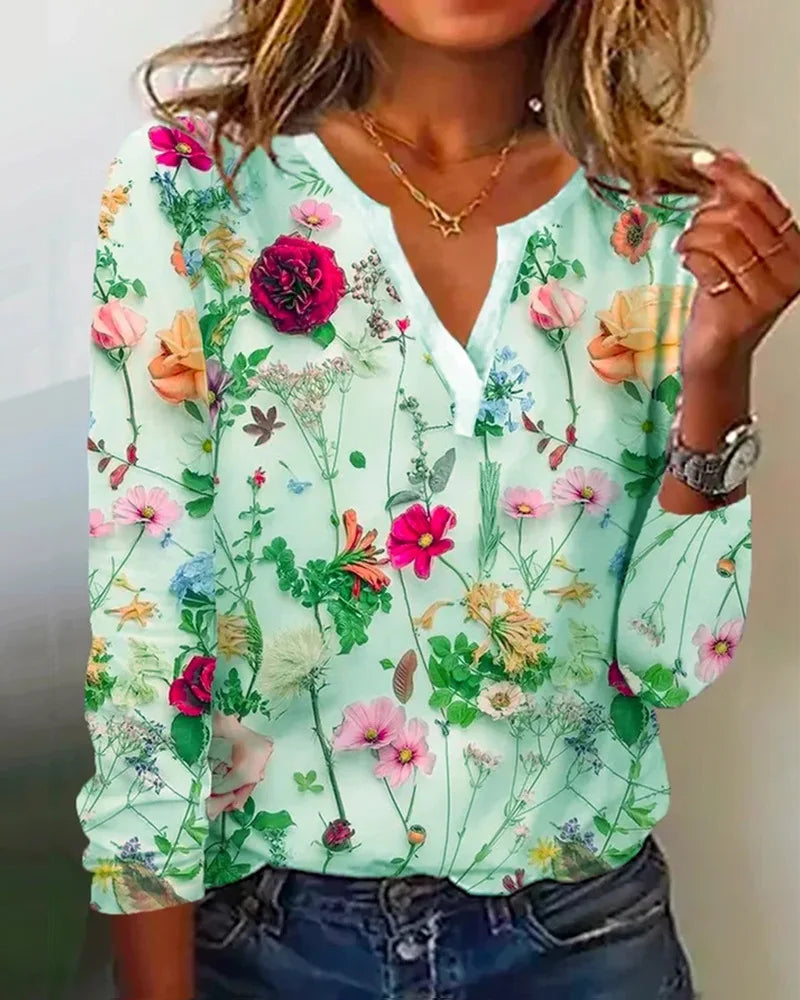 Clea Blouse Femme – Haut Boho Léger avec Décolleté en V, Manches Longues & Imprimé Fleuri