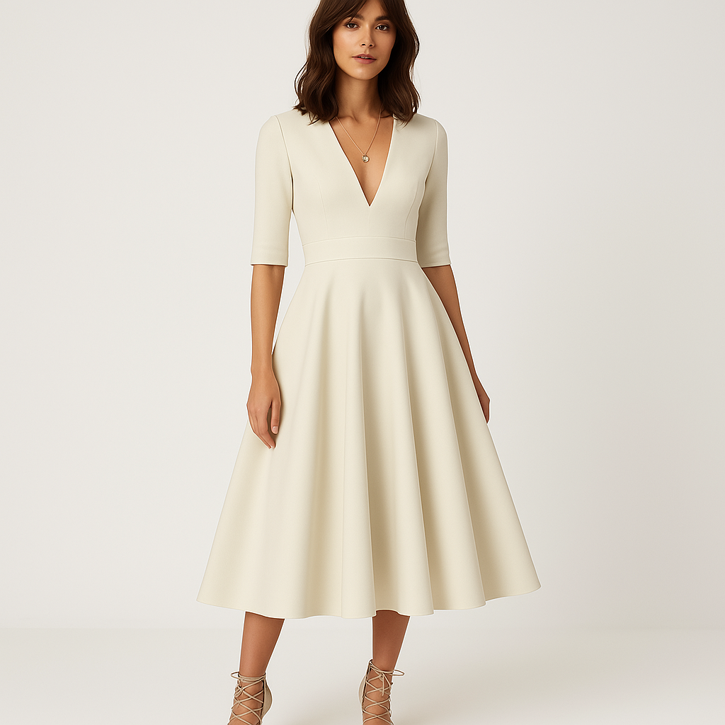 Vestido midi de mujeres de Paisley: elegante vestido aplastante con V y falda acampanada para ceremonias