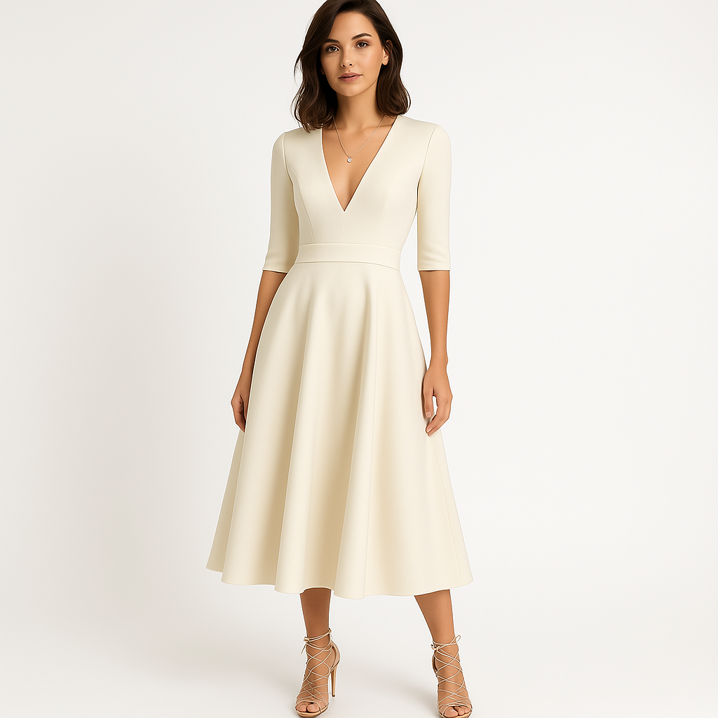 Vestido midi de mujeres de Paisley: elegante vestido aplastante con V y falda acampanada para ceremonias