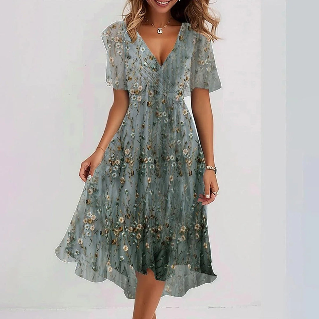 Vestido del mediodía de Emily Women - Vestido de tela ligera con estampado floral, V y escote de la cintura curva