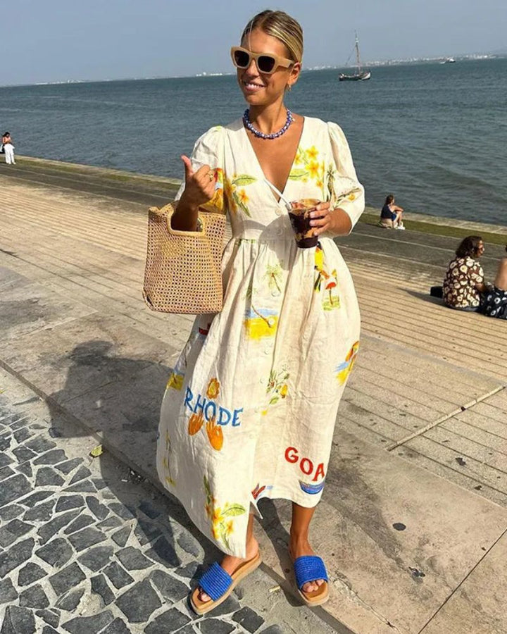 Vestido de lino para mujer Ara: Vestido de verano Midi con estampado colorido y copa amplia distotida