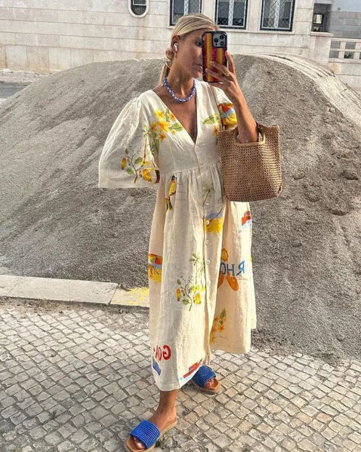 Vestido de lino para mujer Ara: Vestido de verano Midi con estampado colorido y copa amplia distotida