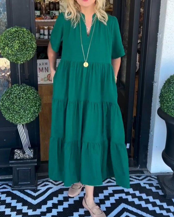 Robe Longue Femme Magnolia – Robe d’Été à Étages avec Col en V, Poches Latérales & Coupe Confort