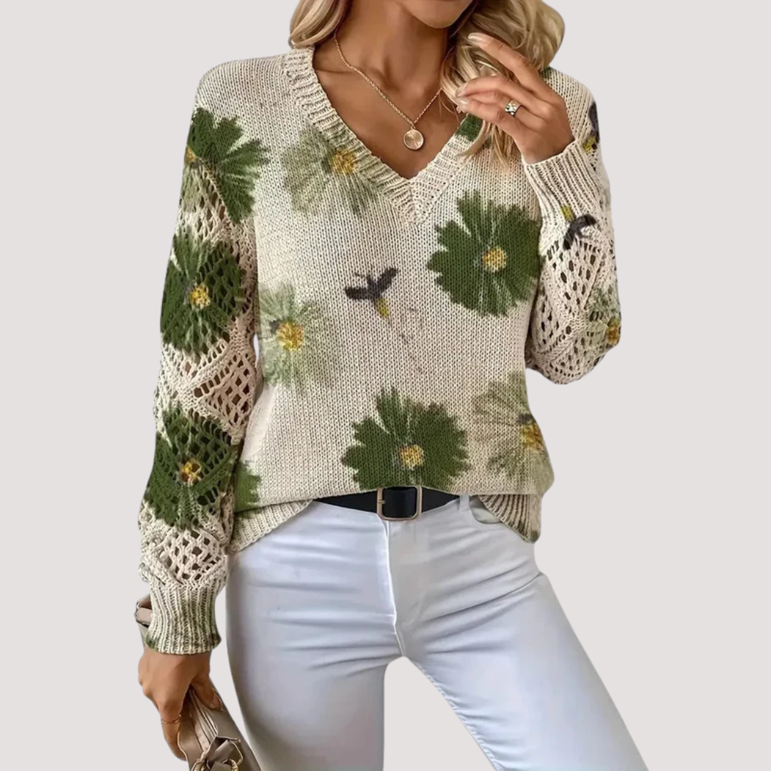 Pulover damă Nancy tricot ușor – țesătură aerisită cu model floral și guler V elegant