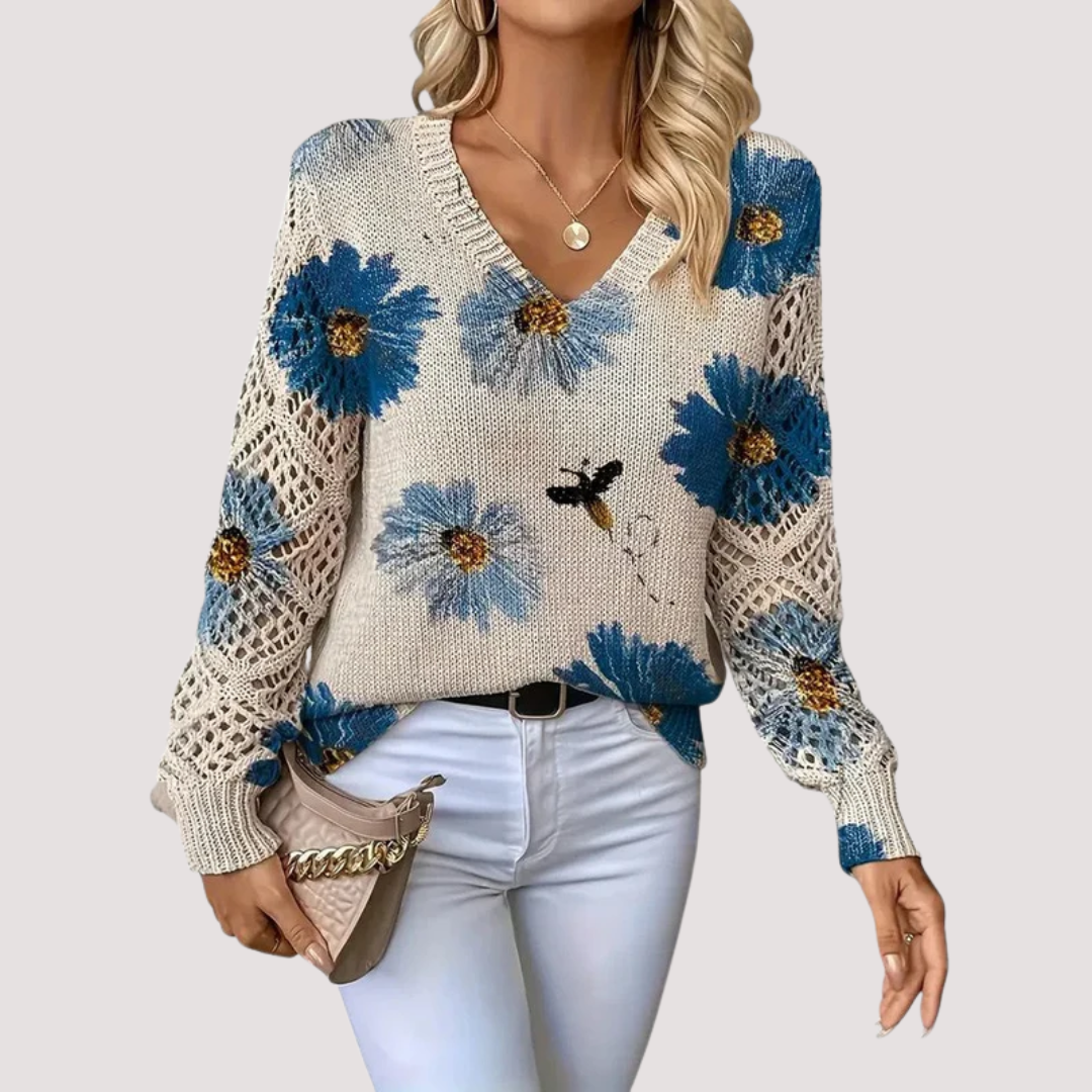 Nancy Pull Femme Tricot Léger – Maille Aérée avec Motif Floral & Col V Élégant