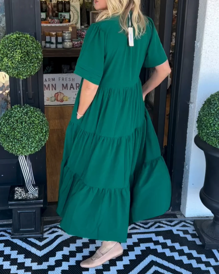 Robe Longue Femme Magnolia – Robe d’Été à Étages avec Col en V, Poches Latérales & Coupe Confort