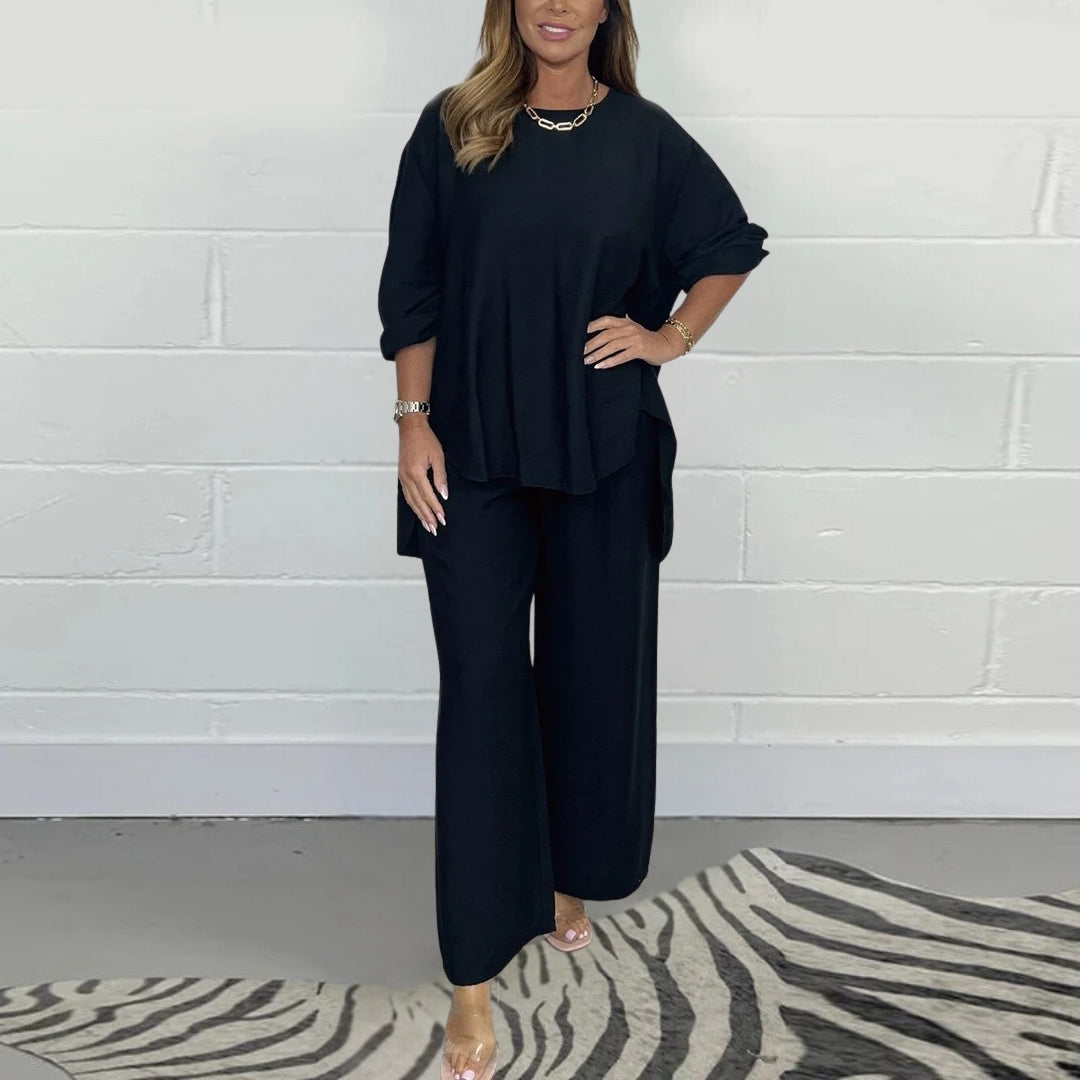 Ensemble d’Été Femme Skyler – Haut Élégant à Manches Courtes & Pantalon Large en Tissu Aérien