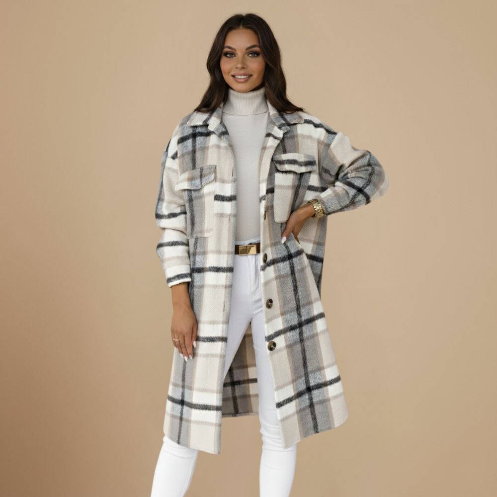 Jody Women's Plaid Coat – Long Oversized Jacket in Mixed Wool Shacket Style