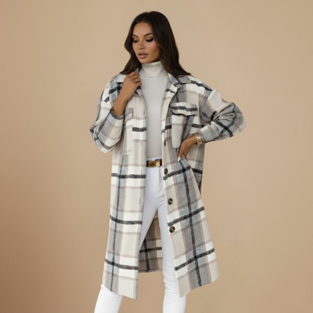 Jody Women's Plaid Coat – Long Oversized Jacket in Mixed Wool Shacket Style