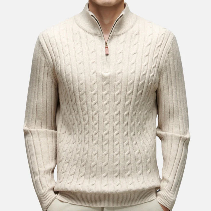 Chaud Pull à Col Polo Zippé à Moitié en Tricot Côtelé Pour Hommes