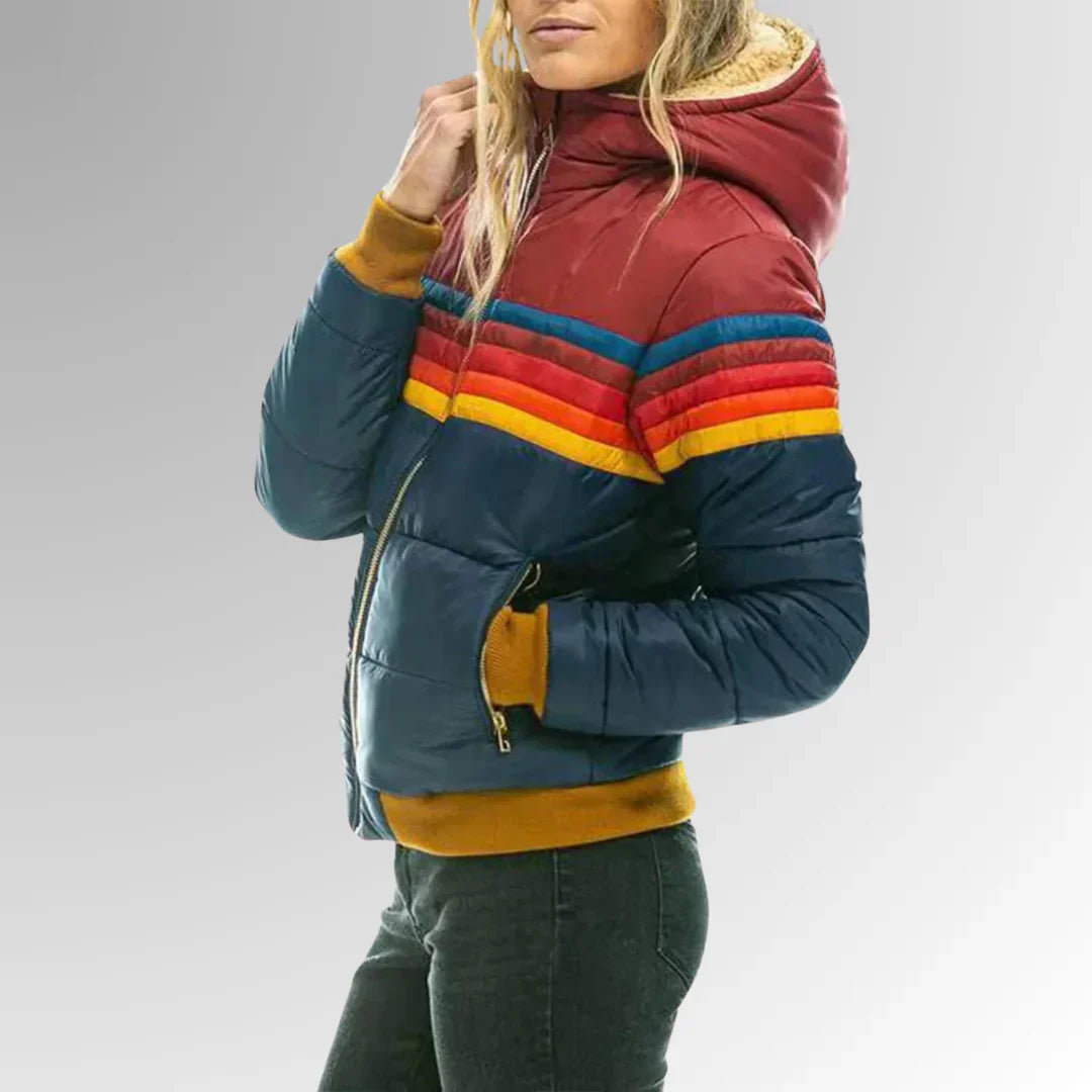 Scarlett Retro Women's Down Jacket – Multicolored Winter Coat with Hood and Zipper Closure